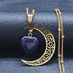 Black Color Stainless Steel Natural Stone Charm Necklace Women Moon Heart Necklace Valentines Jewelry Acero Inoxidable Joyeria