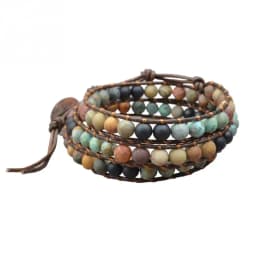 Milangirl Bohemia Jewelry Bracelets 6MM Matte Stone Wrap Leather Bracelets Vintage 3 Strands Multilayer Woven