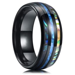 8mm Men's Rose Gold Color Stainless Steel Rings Hawaiian Koa Wood And Abalone Shell Opal Inlay Ring Men's Wedding Band Jewelry
