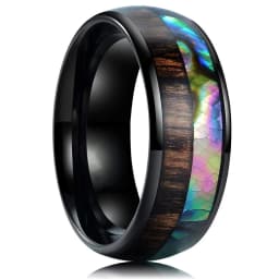 8mm Men's Rose Gold Color Stainless Steel Rings Hawaiian Koa Wood And Abalone Shell Opal Inlay Ring Men's Wedding Band Jewelry