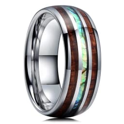 8mm Men's Rose Gold Color Stainless Steel Rings Hawaiian Koa Wood And Abalone Shell Opal Inlay Ring Men's Wedding Band Jewelry