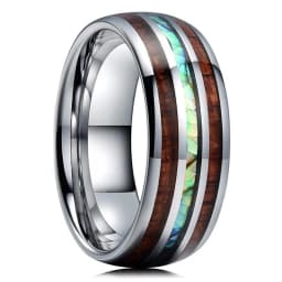 8mm Men's Rose Gold Color Stainless Steel Rings Hawaiian Koa Wood And Abalone Shell Opal Inlay Ring Men's Wedding Band Jewelry
