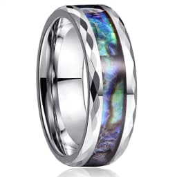 8mm Men's Rose Gold Color Stainless Steel Rings Hawaiian Koa Wood And Abalone Shell Opal Inlay Ring Men's Wedding Band Jewelry