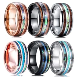 8mm Men's Rose Gold Color Stainless Steel Rings Hawaiian Koa Wood And Abalone Shell Opal Inlay Ring Men's Wedding Band Jewelry