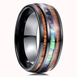 8mm Men's Rose Gold Color Stainless Steel Rings Hawaiian Koa Wood And Abalone Shell Opal Inlay Ring Men's Wedding Band Jewelry