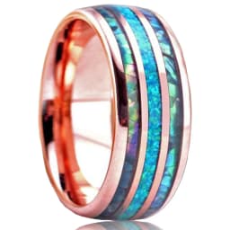 8mm Men's Rose Gold Color Stainless Steel Rings Hawaiian Koa Wood And Abalone Shell Opal Inlay Ring Men's Wedding Band Jewelry