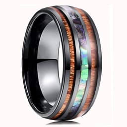 8mm Men's Rose Gold Color Stainless Steel Rings Hawaiian Koa Wood And Abalone Shell Opal Inlay Ring Men's Wedding Band Jewelry
