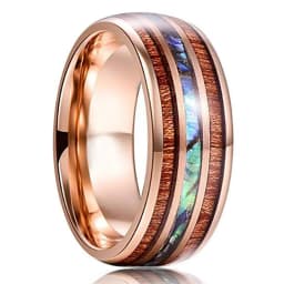 8mm Men's Rose Gold Color Stainless Steel Rings Hawaiian Koa Wood And Abalone Shell Opal Inlay Ring Men's Wedding Band Jewelry