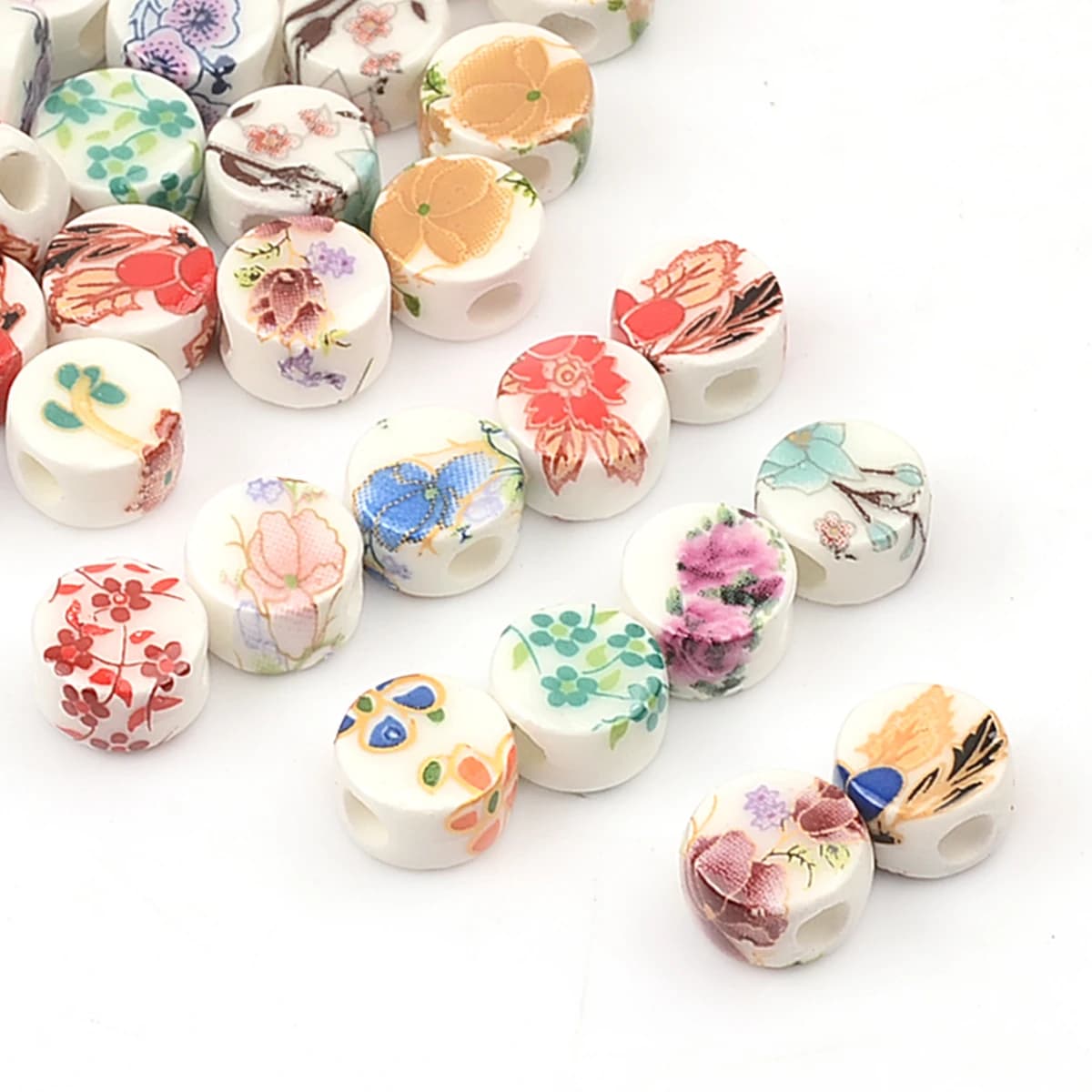 30pcs 0.8cm Mix Flat Round Shape Flower Patterns Ceramic Porcelain Loose Crafts Beads Lot for Jewelry Making DIY Findings
