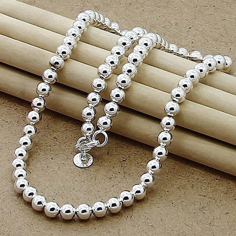 JewelryTop 925 Sterling Silver 6mm Smooth Beads Ball Chain Necklace For Women Trendy Wedding Engagement Jewelry 45CM