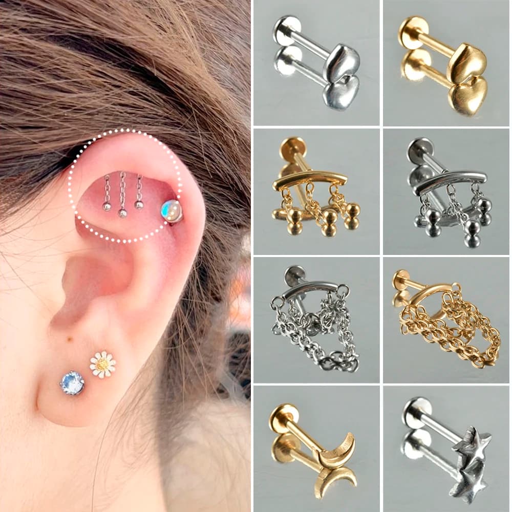 1PC-5PCS Surgical Steel Ear Cartilage Drop Chain Lip Studs Gold/Silver Labret Tragus Helix Earring Daith Lobe Piercing Jewelry