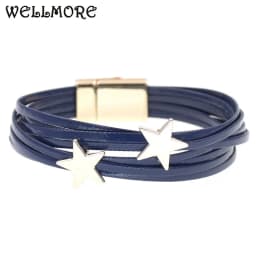 WELLMORE Leather Bracelets for Women Simple Star Multilayer Wide Wrap Bracelet 6 Size 18 Colors Female Jewelry Wholesales