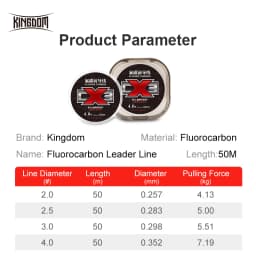 Kingdom CX3 Fluorocarbon Fishing Lines 50m Super Smooth & Stiff Monofilament Leader Carbon Fishing Line Invisible Sinking Line