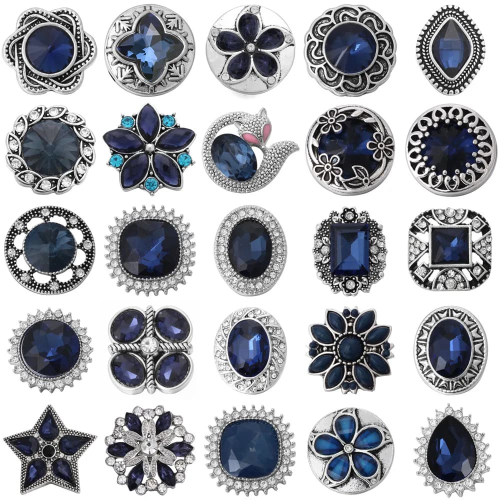 6pcs/lot Ink Blue Snap Jewelry Rhinestone Flower 18mm Snap Buttons Jewelry Fit 18mm 18mm Leather Snap Button Bracelet