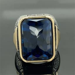 Delicate Square Geometry Grave Gold Silver Color Blue Stone Rings for Men Party Jewelry Gift