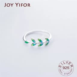 Green Leaf Handmade Creative BFCLUB Silver Color Temperament Personality Fashion Female Trendy Resizable Opening Rings