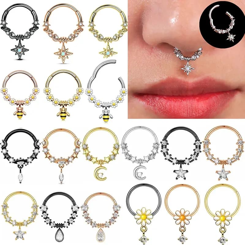 1PCS Moon Planet Septum Hoop Clicker Dangle Nose Ring Star Helix Hoop Earring Cartilage Jewelry Nose Ring Hoop Septum Piercing