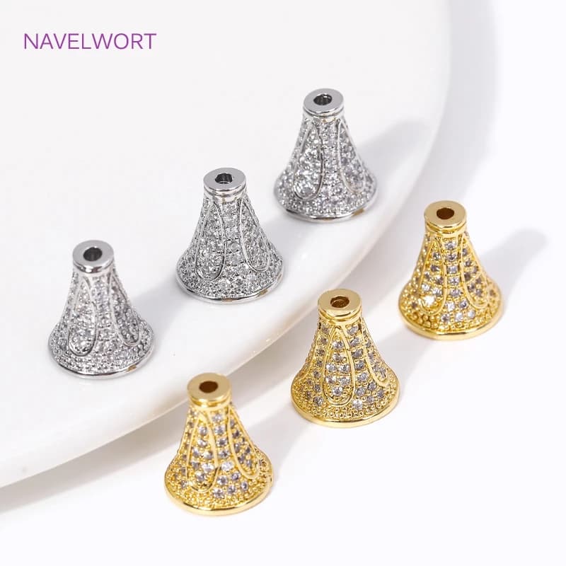 18K Gold Plated Inlaid Zircon Conical Beads Caps Tassel Caps,Separators For Beads,DIY Bracelet Earring Jewelry Making Fittings