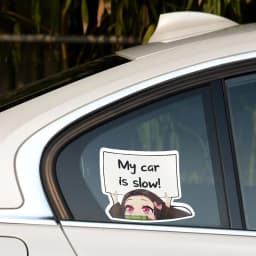 For Demon Slayer Nezuko MY CAR IS SLOW Car Stickers Funny Decal Campervan Vinyl Car Wrap JDM Decals 20CMX14.9CM