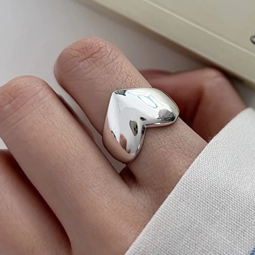 BF CLUB 925 Sterling Silver Simple Heart Rings for Women Couple Fashion Geometric Vintage Handmade Irregular Ring Party Gifts