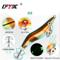 FTK Squid Jig Sea Fishing Lure 8g 12g 15g 19g Squid Hook Wood Shrimp Baits 3D Eyes Luminous Lures Hard Baits 2.0#-3.5#