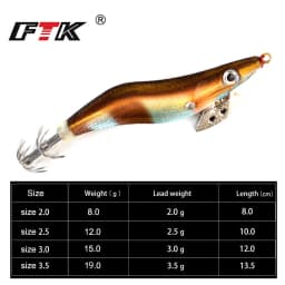 FTK Squid Jig Sea Fishing Lure 8g 12g 15g 19g Squid Hook Wood Shrimp Baits 3D Eyes Luminous Lures Hard Baits 2.0#-3.5#