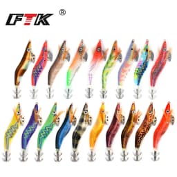 FTK Squid Jig Sea Fishing Lure 8g 12g 15g 19g Squid Hook Wood Shrimp Baits 3D Eyes Luminous Lures Hard Baits 2.0#-3.5#