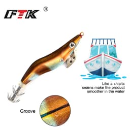 FTK Squid Jig Sea Fishing Lure 8g 12g 15g 19g Squid Hook Wood Shrimp Baits 3D Eyes Luminous Lures Hard Baits 2.0#-3.5#