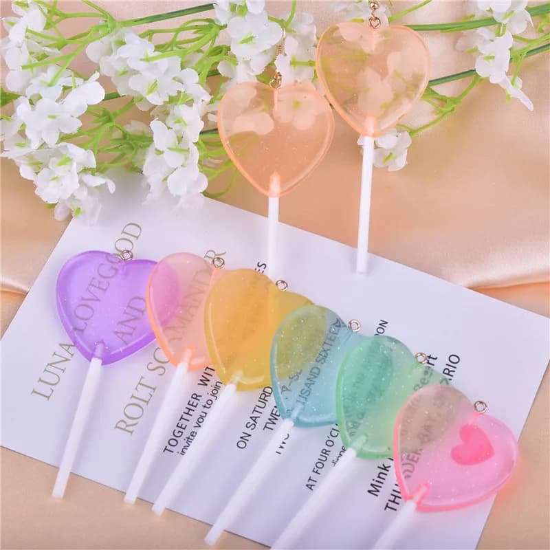 10pcs/12pcs/pack Bling Glitter Heart Lollipop Resin Charms for Earring Keychain Jewelry Making 85x22mm
