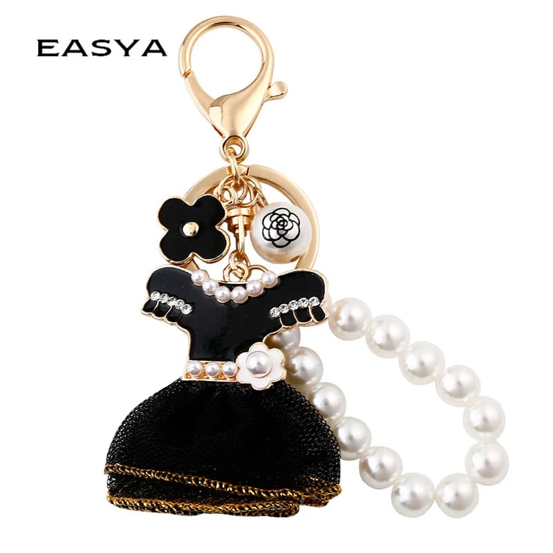 Trendy Black Pearl Keychain for Women Skirt Design Key Holder Jewelry Bag Accessory Fashionable Gift