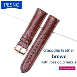 PESNO Black Dark Brown Round Grain Alligator Skin Leather Watch Bands Men Women Watch Accessories with Pin Buckle