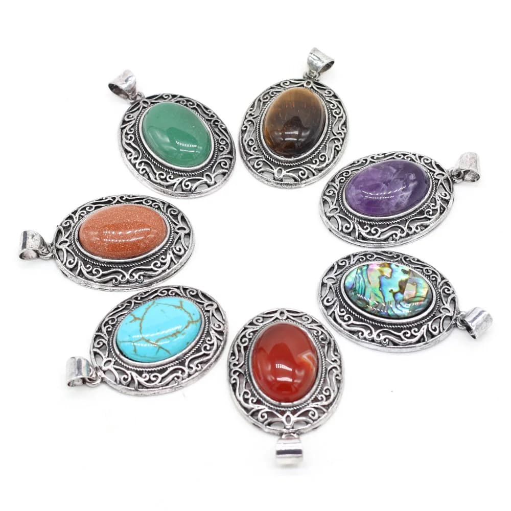 Natural Gem Stone Hollow Alloy Oval Pendant Amethysts Tiger Eye Charms for Jewelry Making DIY Necklace Accessories Gift 33x45mm