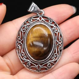 Natural Gem Stone Hollow Alloy Oval Pendant Amethysts Tiger Eye Charms for Jewelry Making DIY Necklace Accessories Gift 33x45mm