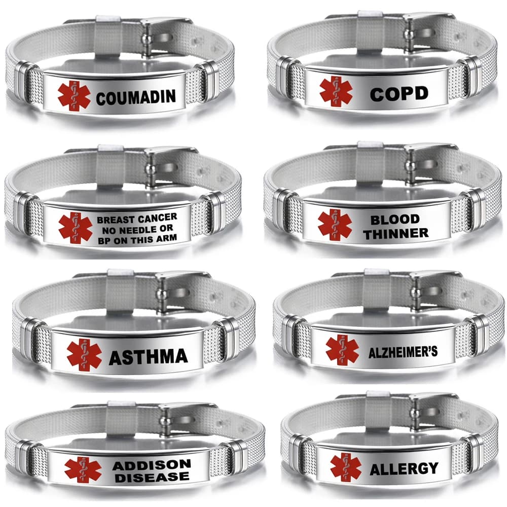 Medical Alert ID Bracelet Emergency First Aid Health Monitoring Laser Engraved Satinless Steel Adjustable Bracelet for Men Women