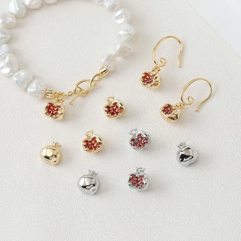 2PCS Design Pomegranate Shape Pendant Bracelet with Zircon DIY Necklace Brass Handmade 14k Gold Plated Accessories