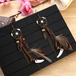 Round Retro Women's Dream Catcher Handmade Long Tassel Feather Earrings Female Leaves Pendant Earring Kolczyki Boho Jewelry