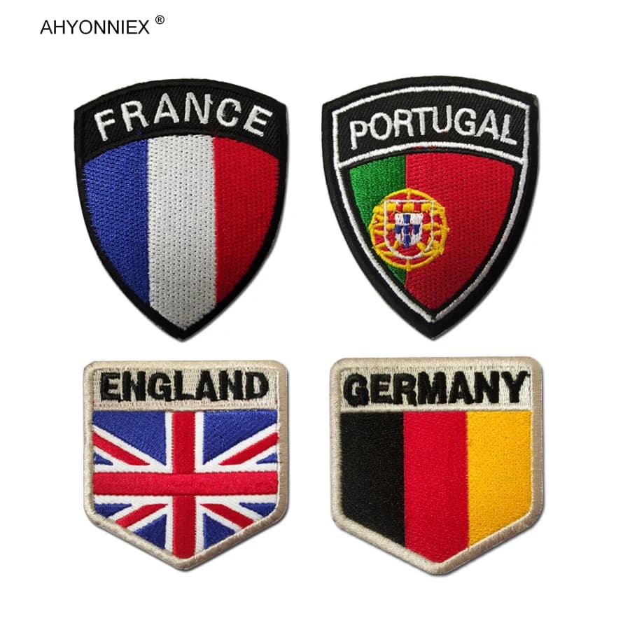 AHYONNIEX 1PC Country Flag Patch Shield Design Armband Backpack Stickers DIY Germany France Portugal England Special Personality