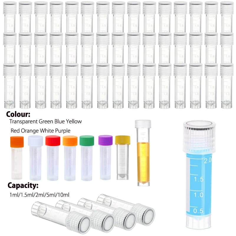 25/50Pcs 1-10ml Plastic Test Tubes Vials Sample Container Powder Craft Screw Cap Bottles for Office School Chemistry Supplies