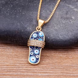 Nidin Mirco Pave CZ Rhinestone Enamel Slipper Pendant For Women Blue Evil Eye Necklace Chain Gold Plated Party Summer Jewelry