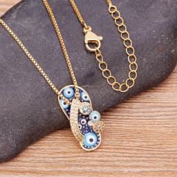 Nidin Mirco Pave CZ Rhinestone Enamel Slipper Pendant For Women Blue Evil Eye Necklace Chain Gold Plated Party Summer Jewelry