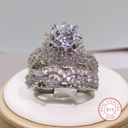 925 Silver Trendy Milangirl White Crystal Round Ring 2 pcs Set For Women Girls Wedding Engagement Party Fashion Jewelry