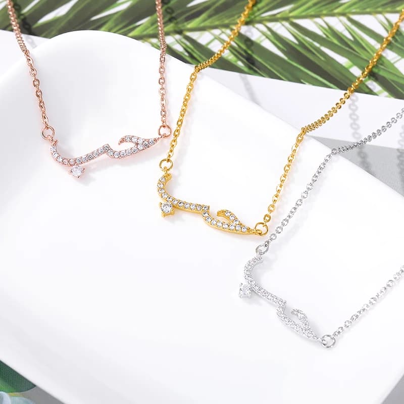 Luxury Shiny Crystal Arabic Love Pendant Necklace For Women Stainless Steel Chain Fashion Vintage Necklace Jewelry Couple Gifts