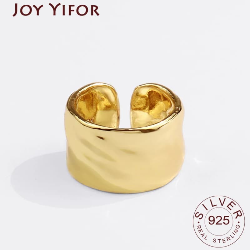 925 Sterling Silver Wiede Simple Gold Color Rings Retro Distressed Opening Handmade Ring Fashion Fine Jewelry