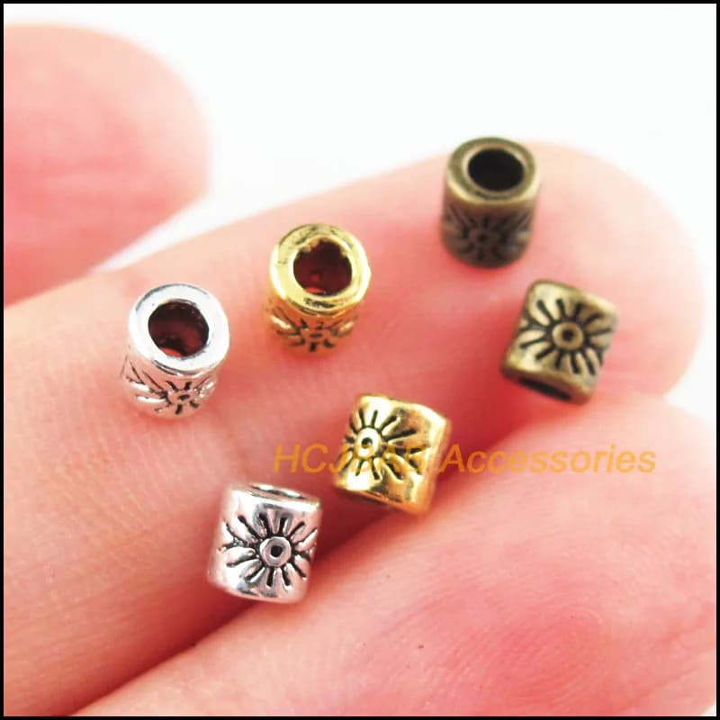 100Pcs Tibetan Silver Plated, Antiqued Gold Plated , Bronze Plated Flower Tube Spacer Beads 4mm