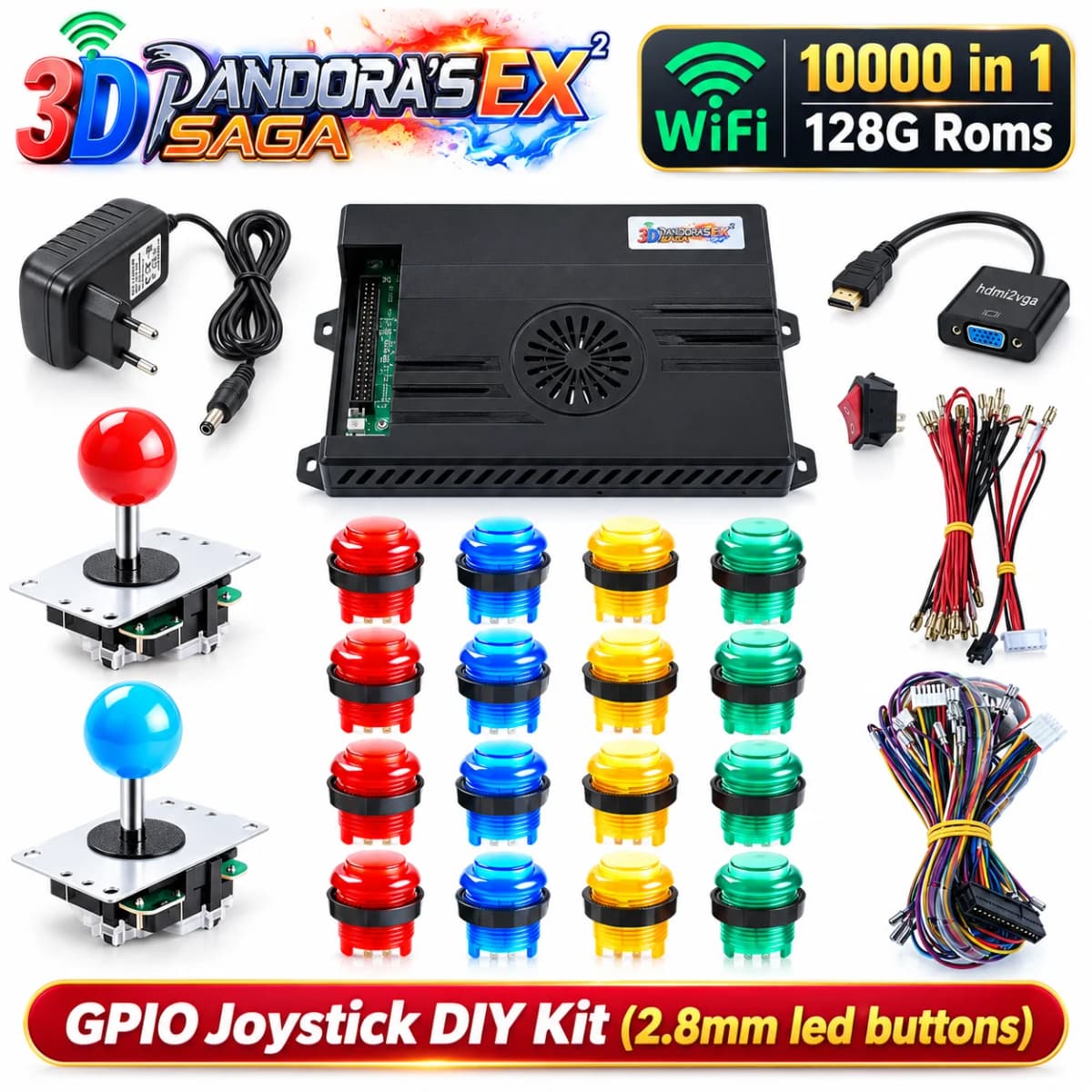 128GB 3D Pandora Saga Box EX2 10000 in 1 DIY Kit Arcade  Game Console 8 Way Joystick Led Lights Button Cabinet Bartop 2 Playes