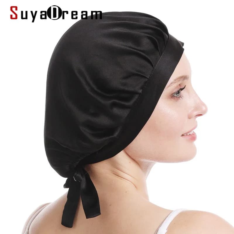 SuyaDream 100% Mulberry Silk Sleep Cap for Women Hair Care Natural 19 Momme Silk Night Bonnet with Adjustable Ribbons