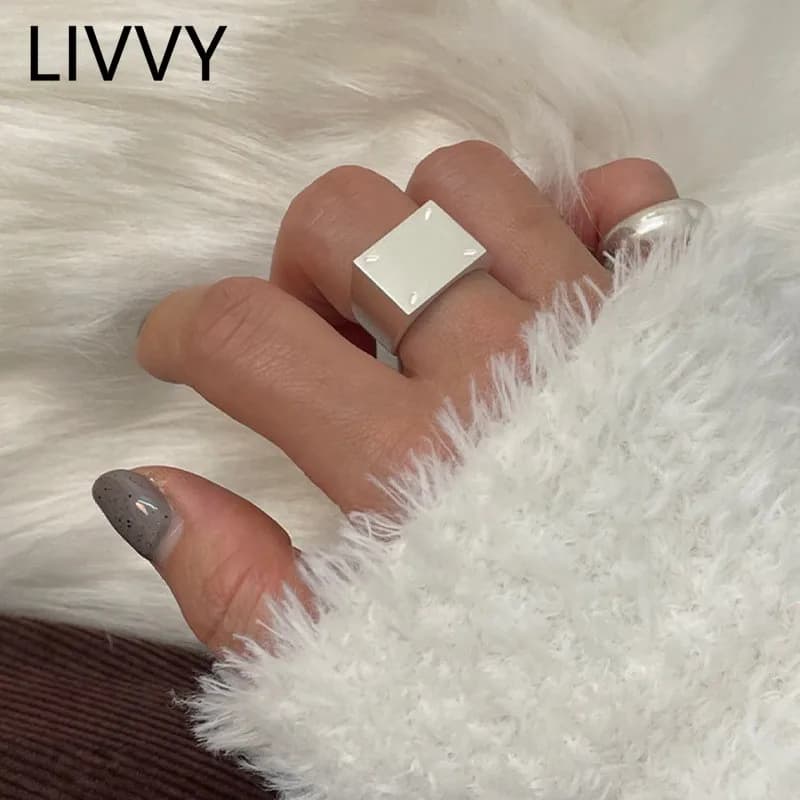 LIVVY Silver Color Geometric Rectangle Ring For Women Large Adjustable Punk Fashion Jewelry Accessories Wholesale Gift