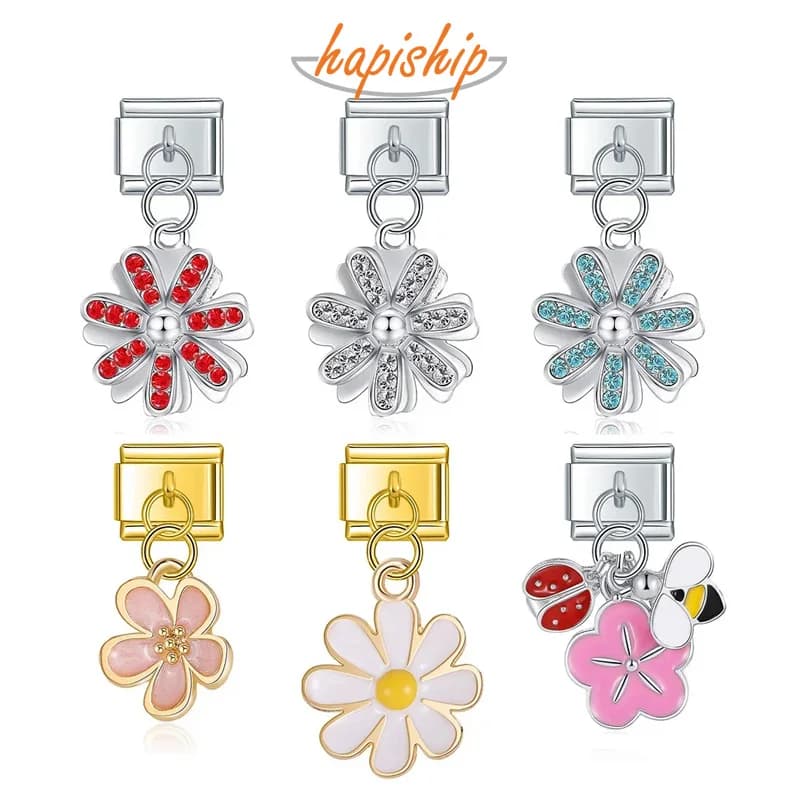Hapiship Original Daisy Fashion Flower Dazzling CZ Italian Links Charm Fit 9mm Stainless Steel Bracelet Jewelry DIY Making DJ390