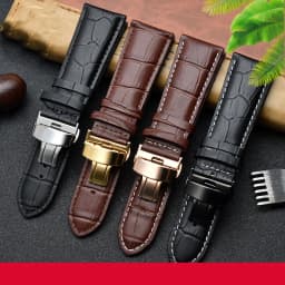 23mm 24mm 26mm 28mm big width-black brownButterfly clasp Mens Alligator Genuine Leather Watch-Strap Band bracelets free shipping