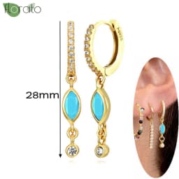 925 Sterling Silver Needle Fashion Turquoise Color Water Drop Pendant Earrings Small Hoop Earrings for Women Luxury Jewelry Gift